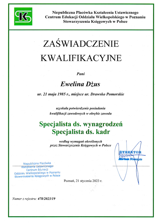 Zaświadczenie kwalifikacyjne — Specjalista ds. wynagrodzeń i kadr