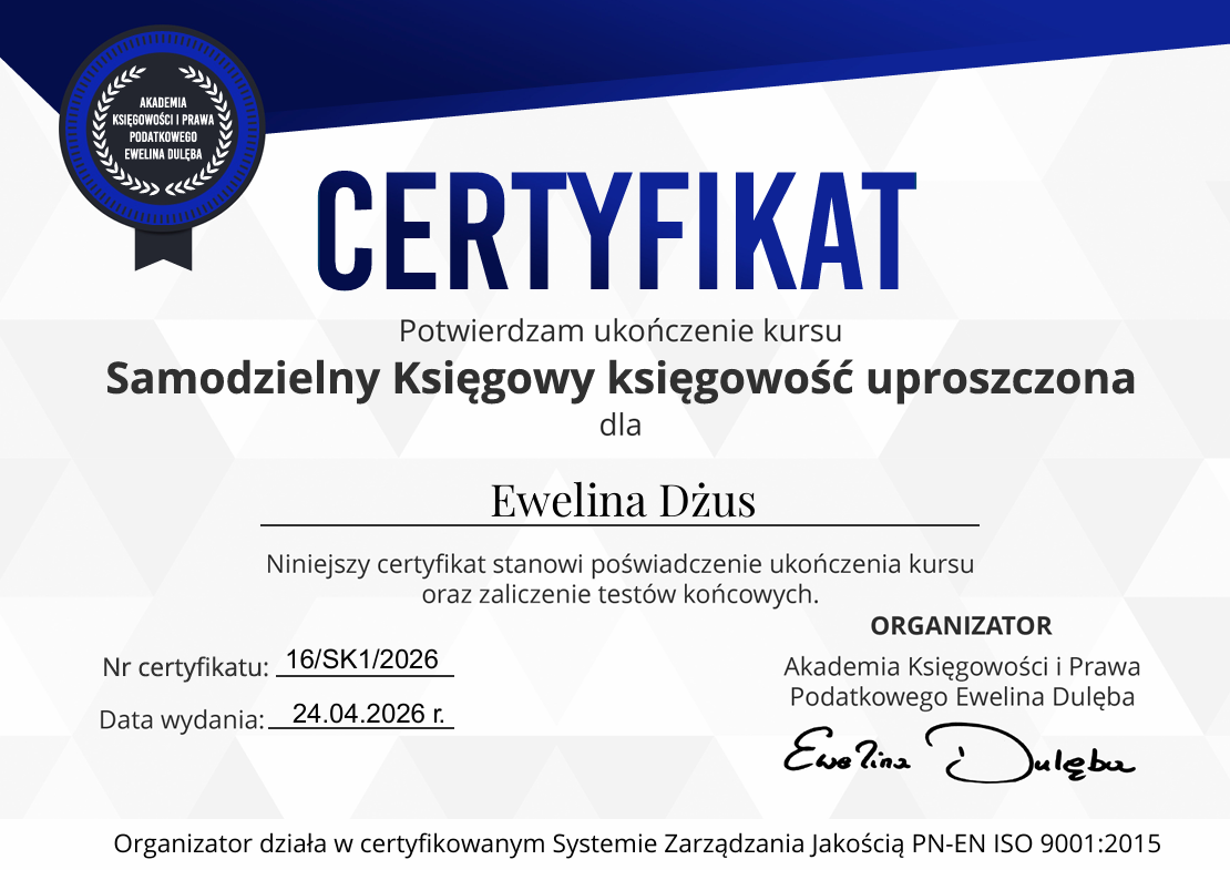 Certyfikat — Samodzielny Księgowy, księgowość uproszczona