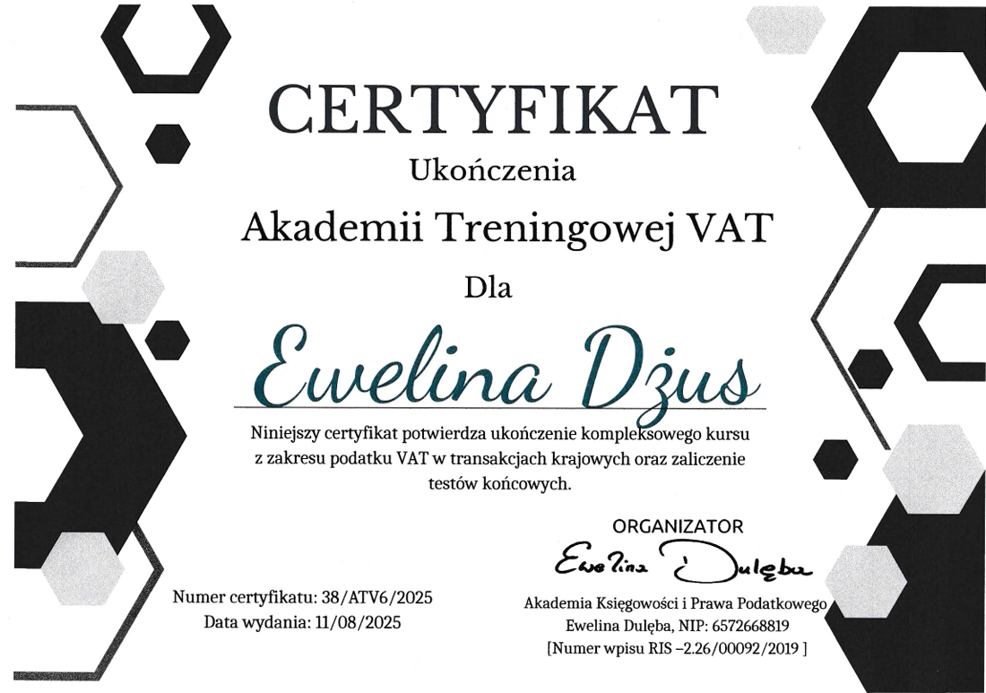 Certyfikat ukończenia Akademii Treningowej VAT
